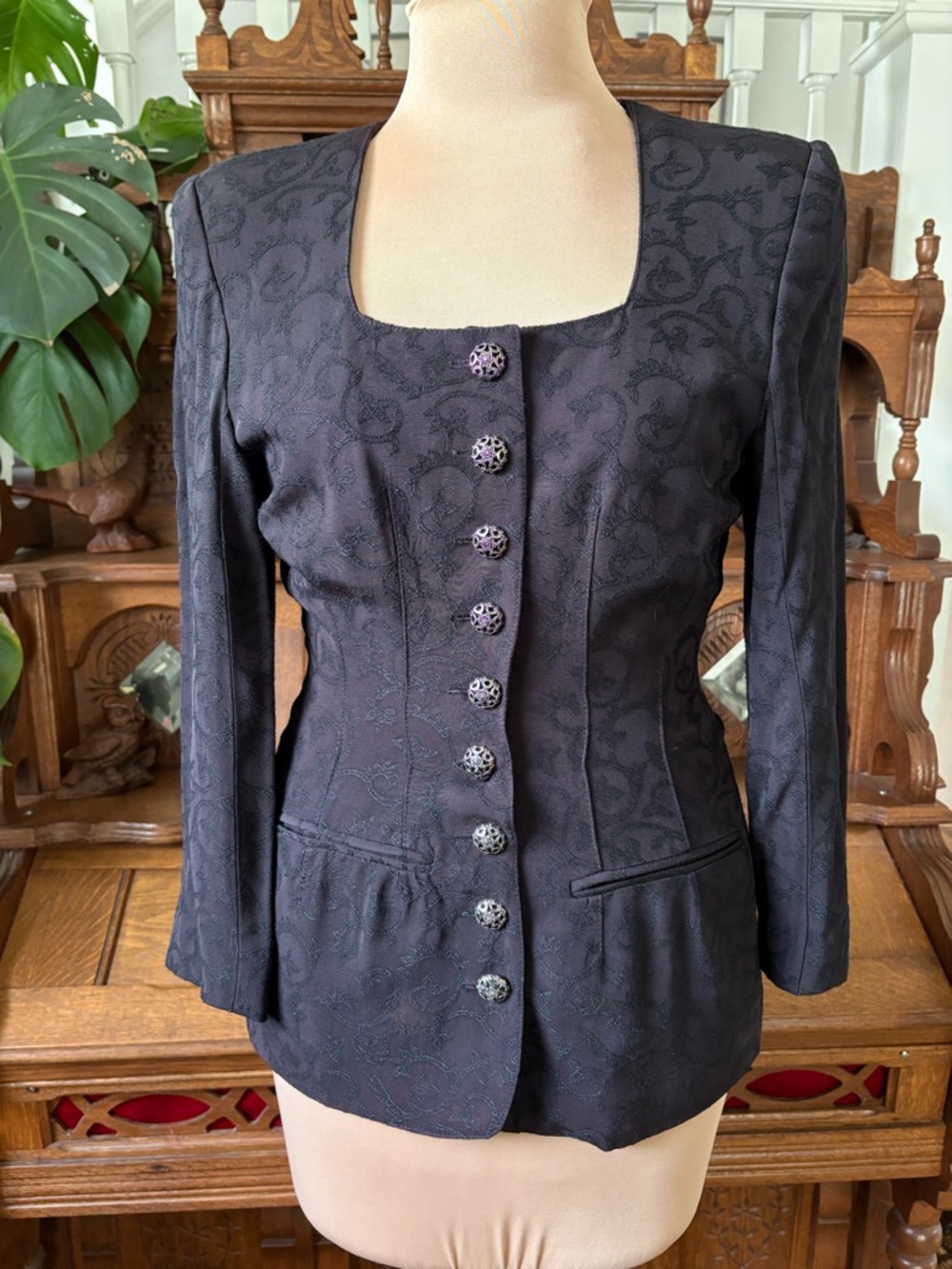 Tina Hagen Black Retro Square-Neck Tailored Blazer Size XS-S